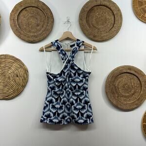 White House Black Market Blue White Crossover Cut Out Tank Top Blouse XS